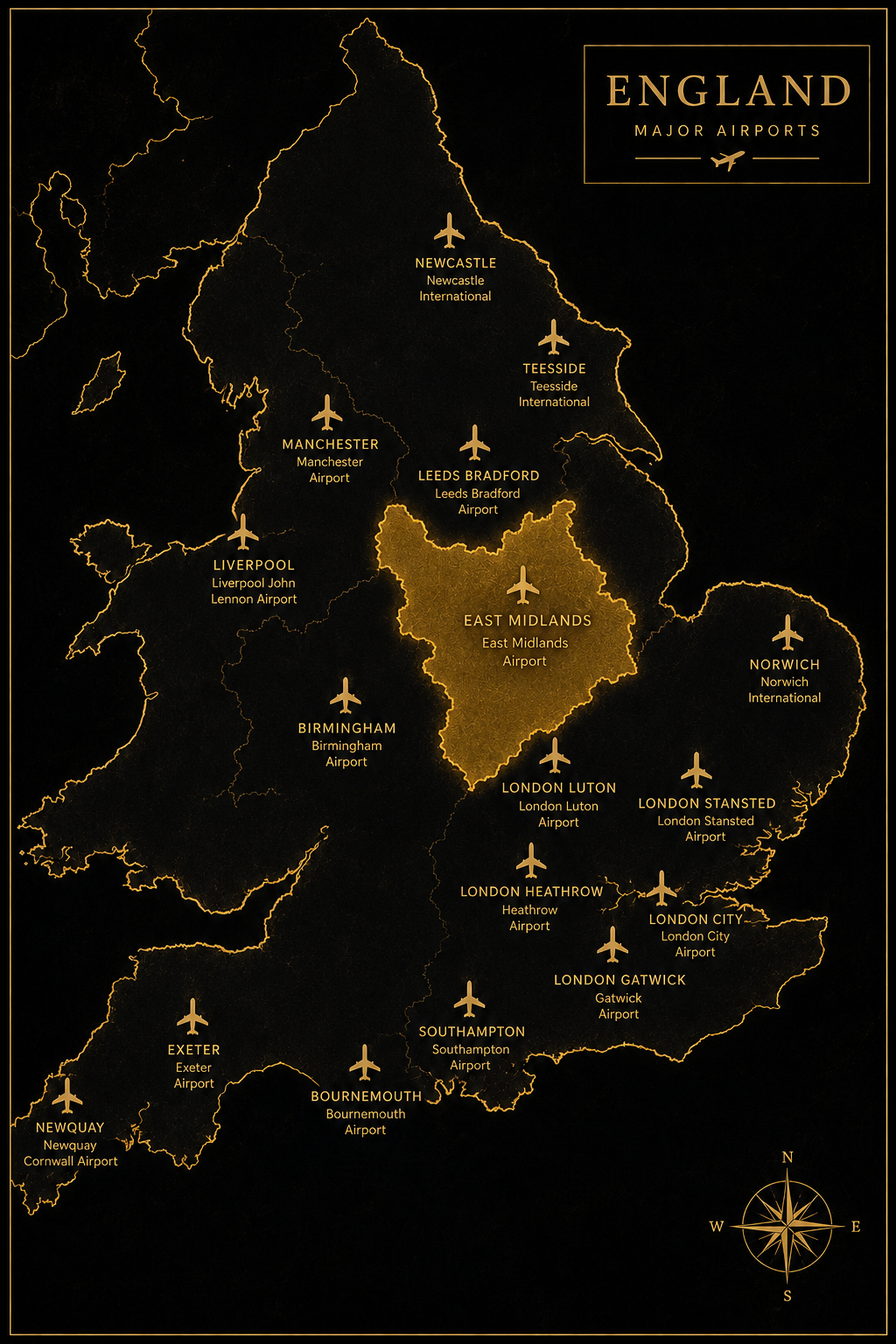 Map of England with major airports